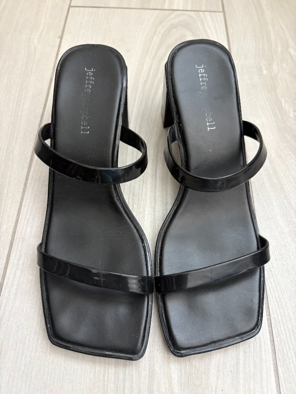 Jeffrey Campbell Jamm‑3 Black Shiny Jelly Block Heel Slides Sandals, Size 7M
